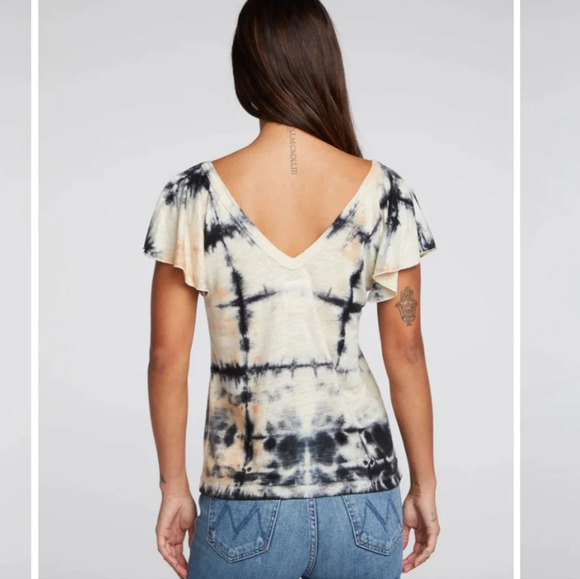 Chaser Black Sands Dye Linen Jersey Double V Reglan Flutter Sleeve Tee Size S - Picture 2 of 7